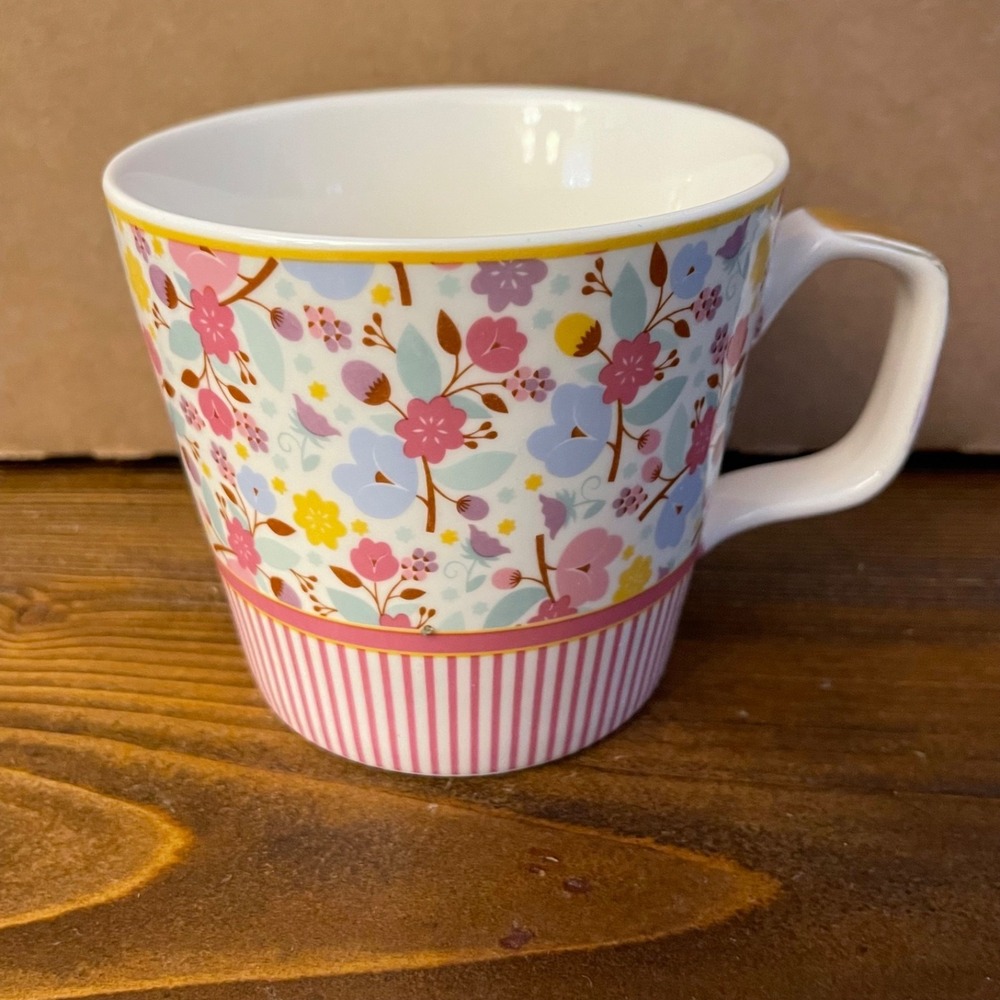 Grace Teaware Pink Flower Garden Striped Mug Fine Ceramic Gold Handle Cottage